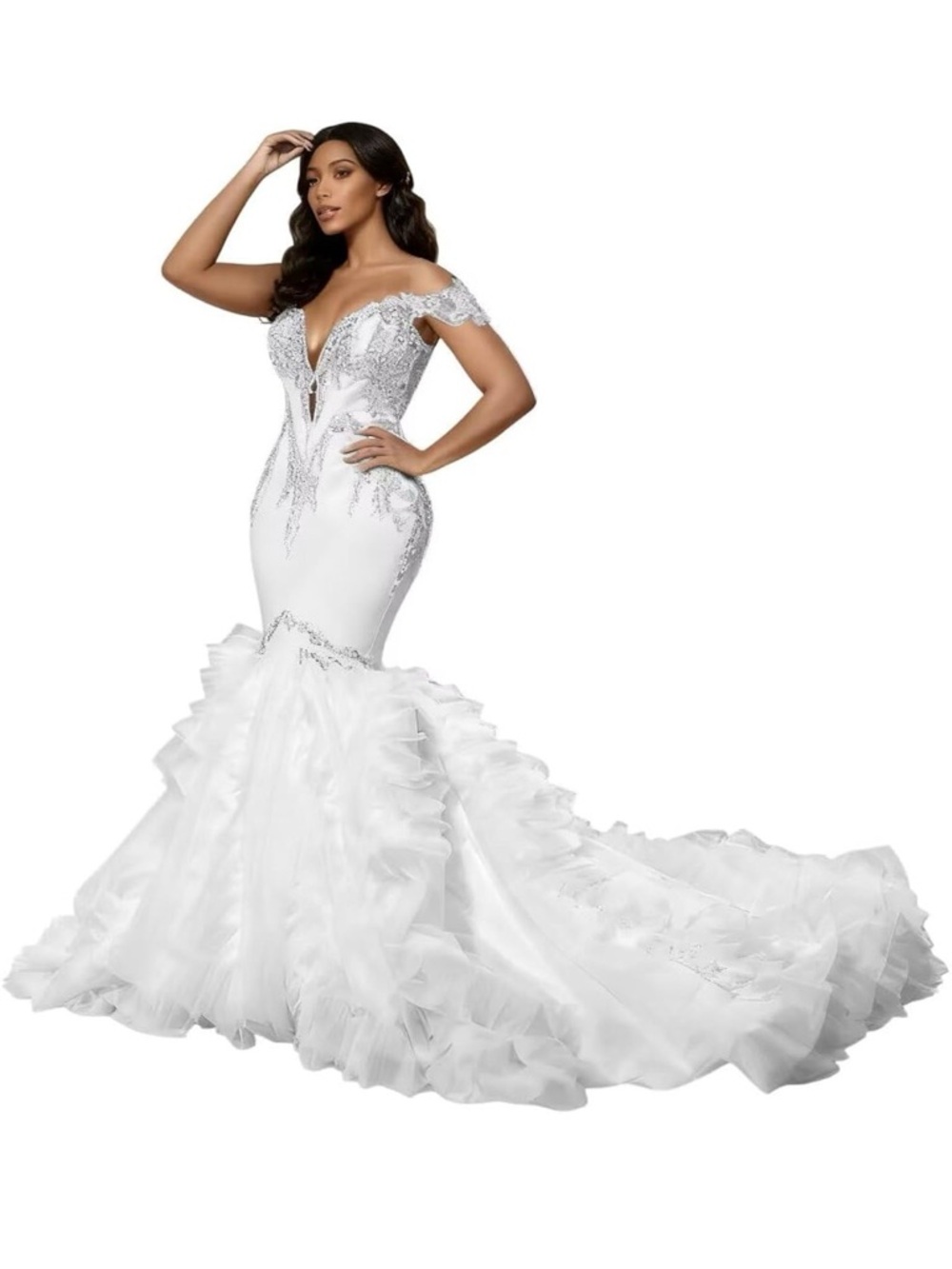 Off-Shoulder White Mermaid Wedding Dress with Ruffled Train